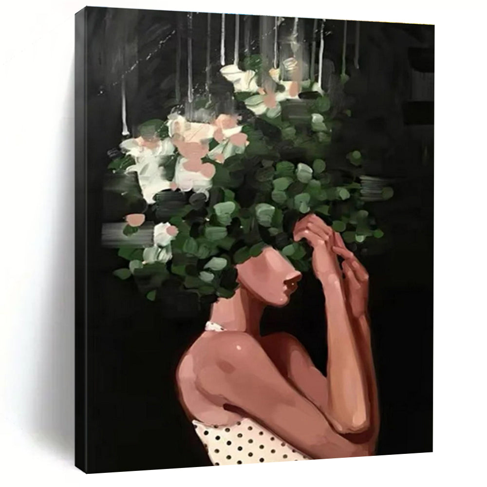 Floral Head Woman Abstract Painting with Green and White Flowers ADGE323