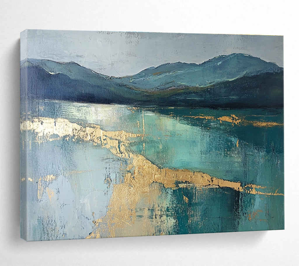 Blue Mountain Lake Gold Abstract Painting with Metallic Highlights DYP266