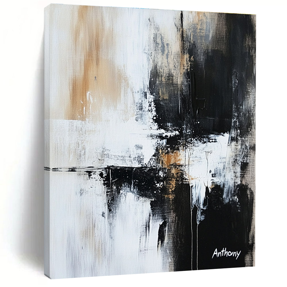 Large abstract painting in black white and gray featuring textured brush strokes and ink spots evoking contemplation and introspection.STSC741