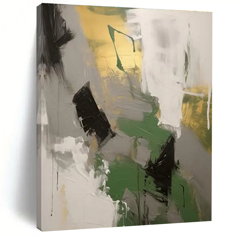 Green, Gray, and Gold Abstract Painting with Dynamic Brushstrokes ADGE115