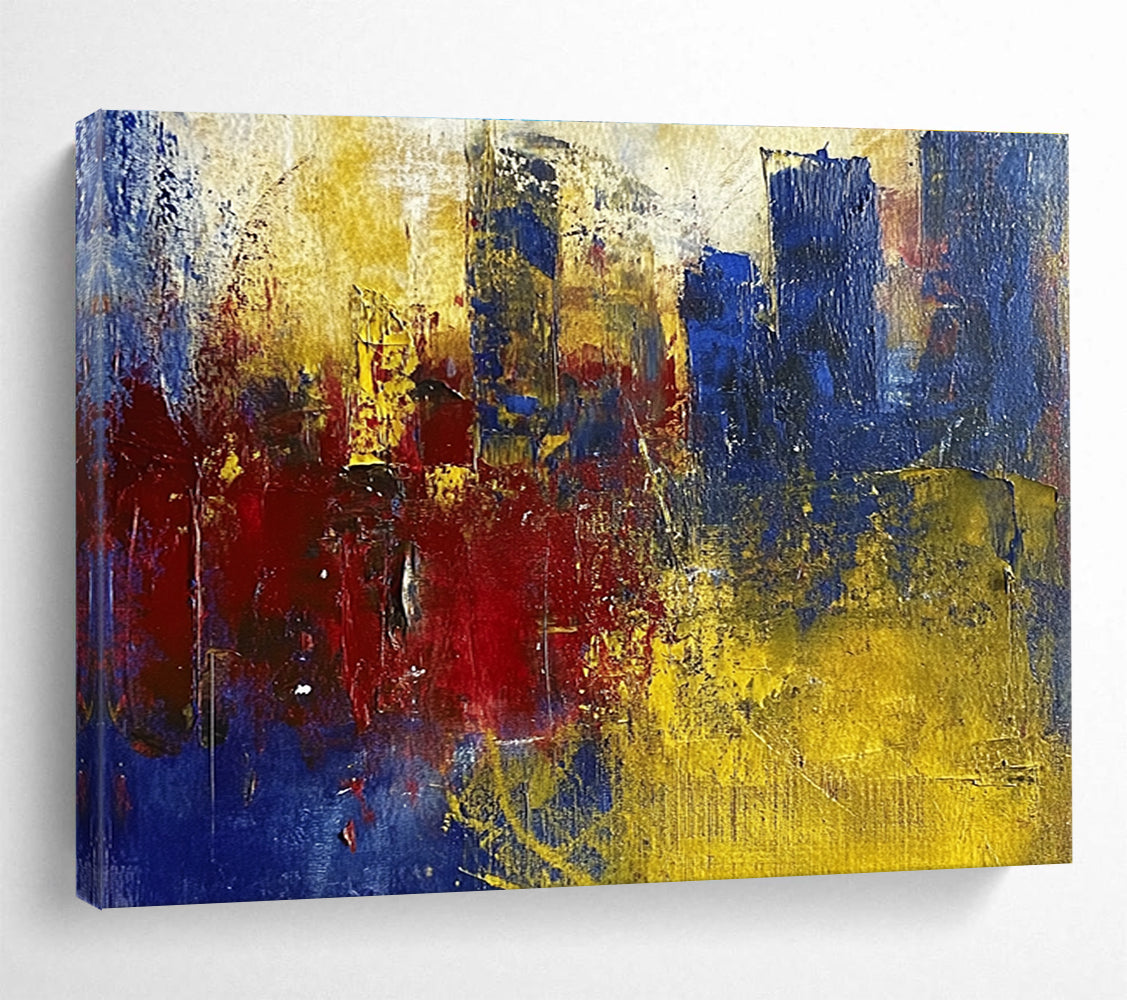 Textured Cityscape Abstract Painting with Blue Red and Yellow DYP515