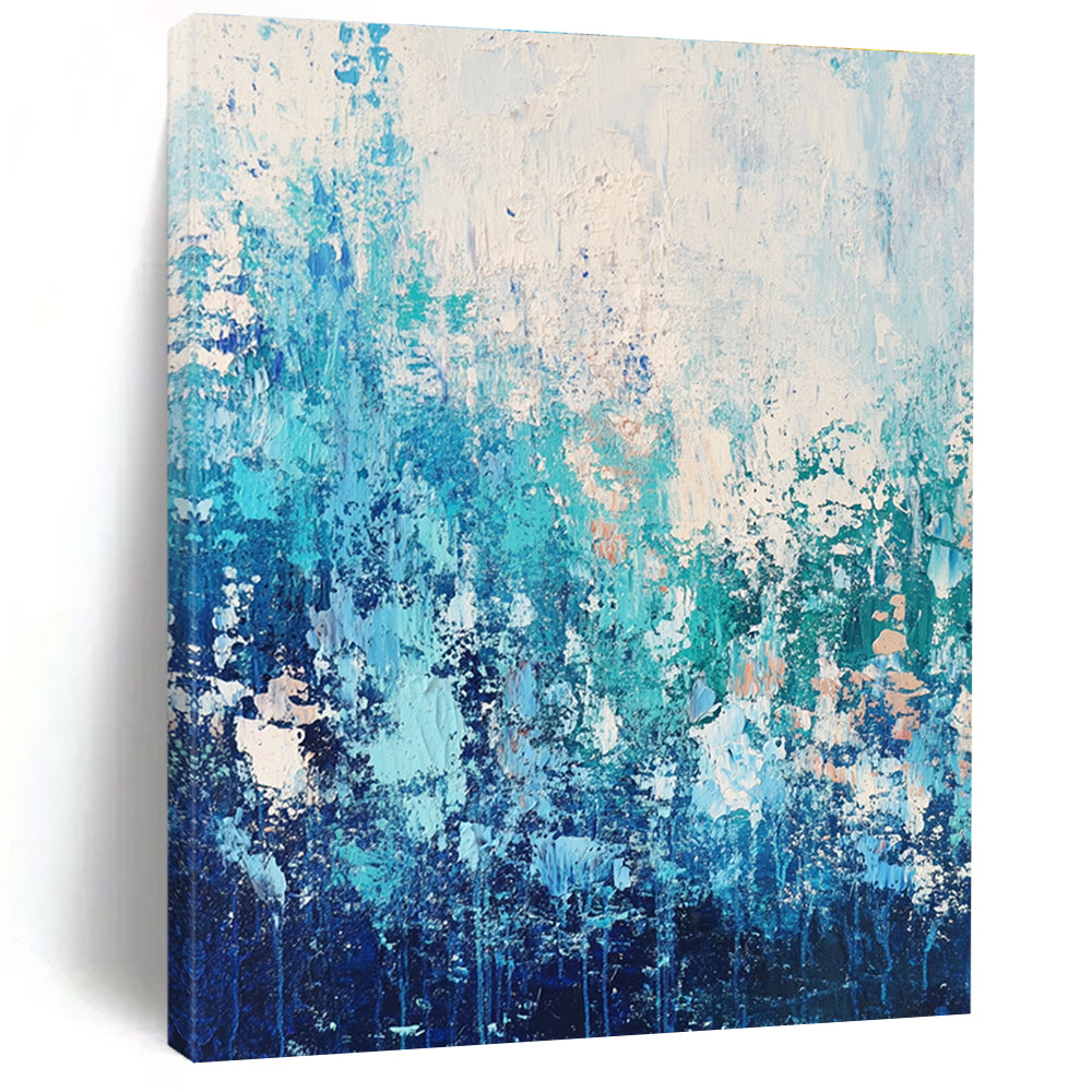 Large abstract painting featuring water and sky-inspired colors with a paint-dripping technique that evokes movement and depth.STSC452