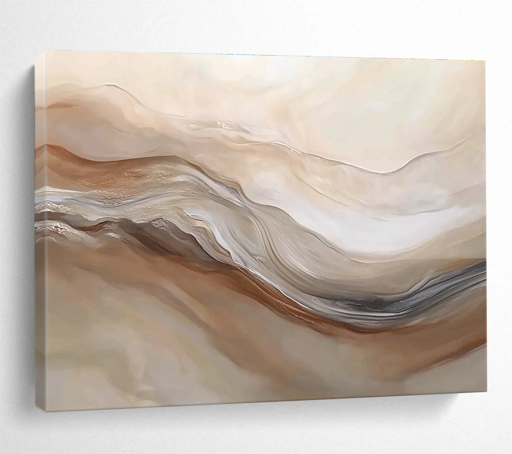 Large abstract painting featuring swirling beige and white hues resembling desert dunes capturing movement and depth in a serene landscape.SC447