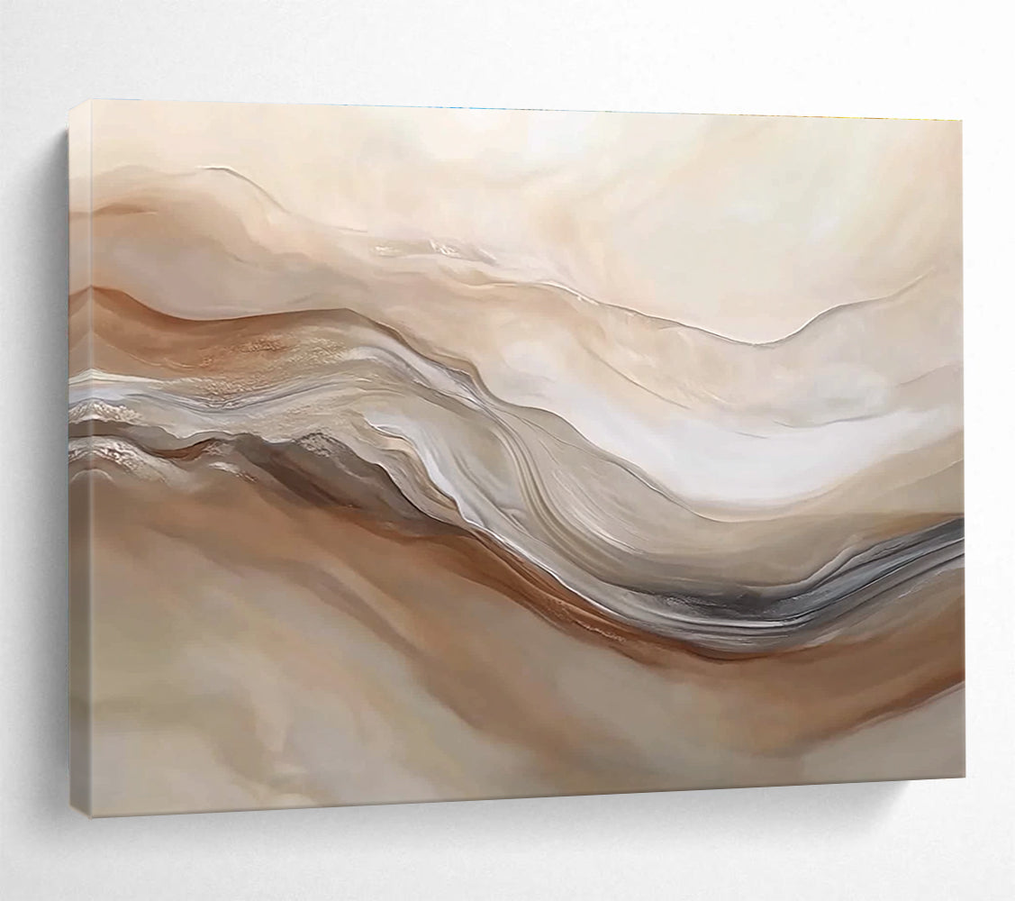 Large abstract painting featuring swirling beige and white hues resembling desert dunes capturing movement and depth in a serene landscape.SC447