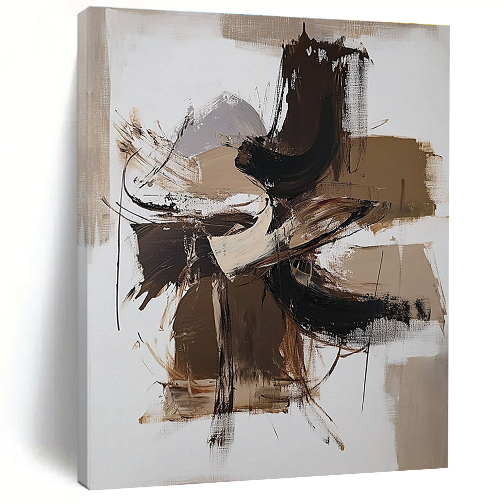 Beige Brown and White Abstract Painting with Energetic Strokes GER639