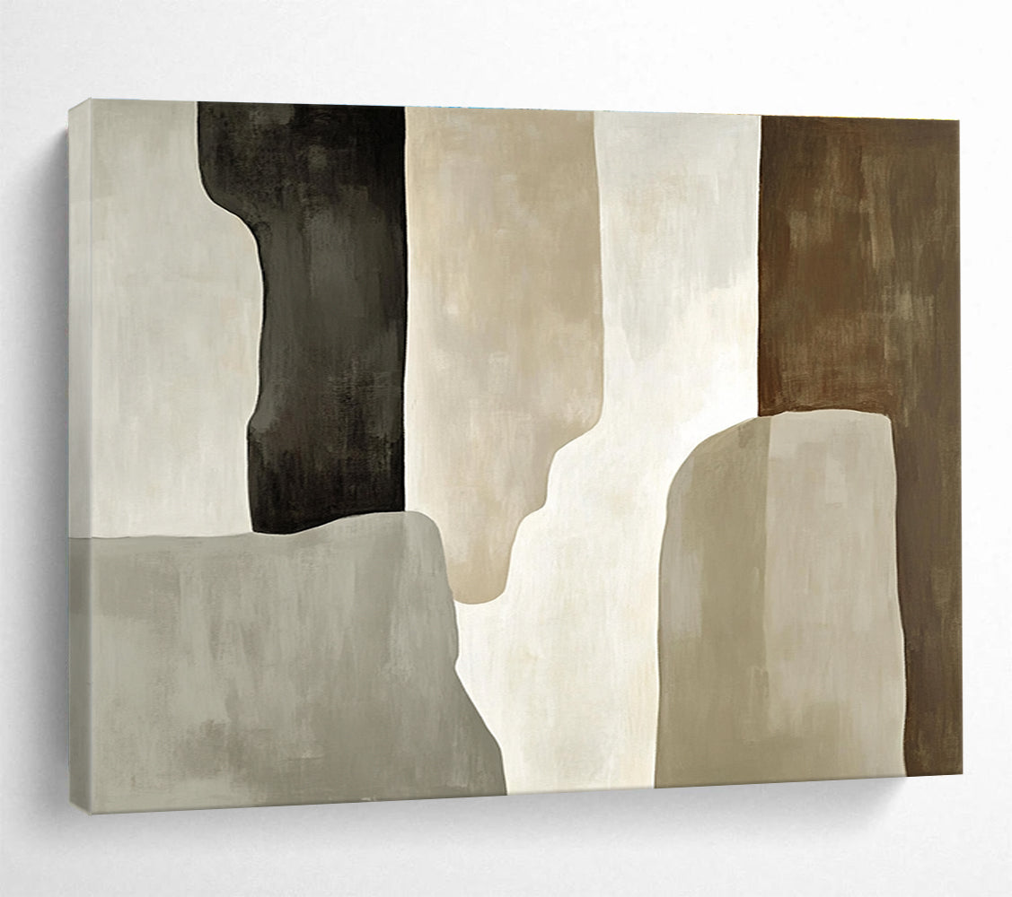Large abstract painting featuring soft gray and beige tones with loose brush strokes and a prominent black shadow and tall monolithic shape.SC280
