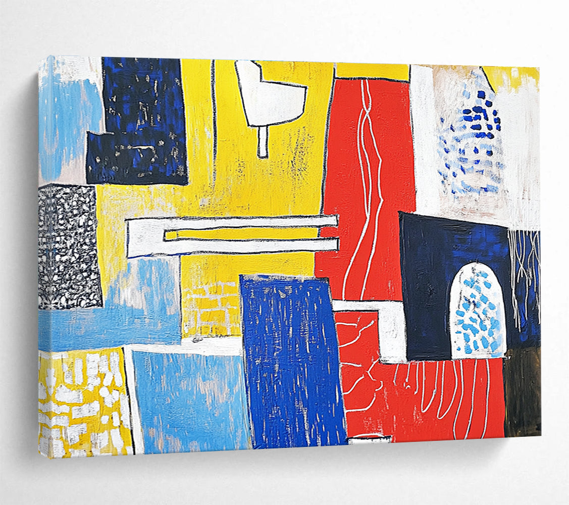 A large abstract painting featuring bold reds and yellows with white lines on blue shapes, capturing urban life and modernist aesthetics.SC516