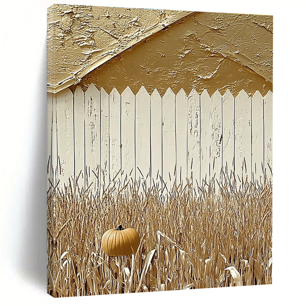 Large Abstract Painting Featuring Autumn Red Barn White Fence Pumpkins and Corn Fields Ideal for Photography Backdrop.STSC890
