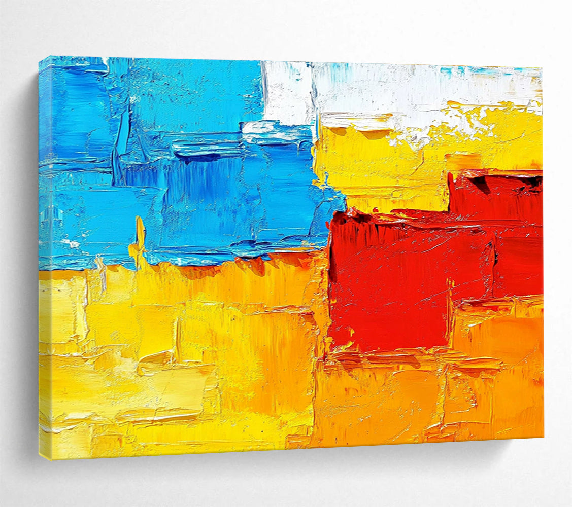 Large abstract painting featuring textured impasto brushstrokes in warm sunset tones of orange red yellow and blue.SC261