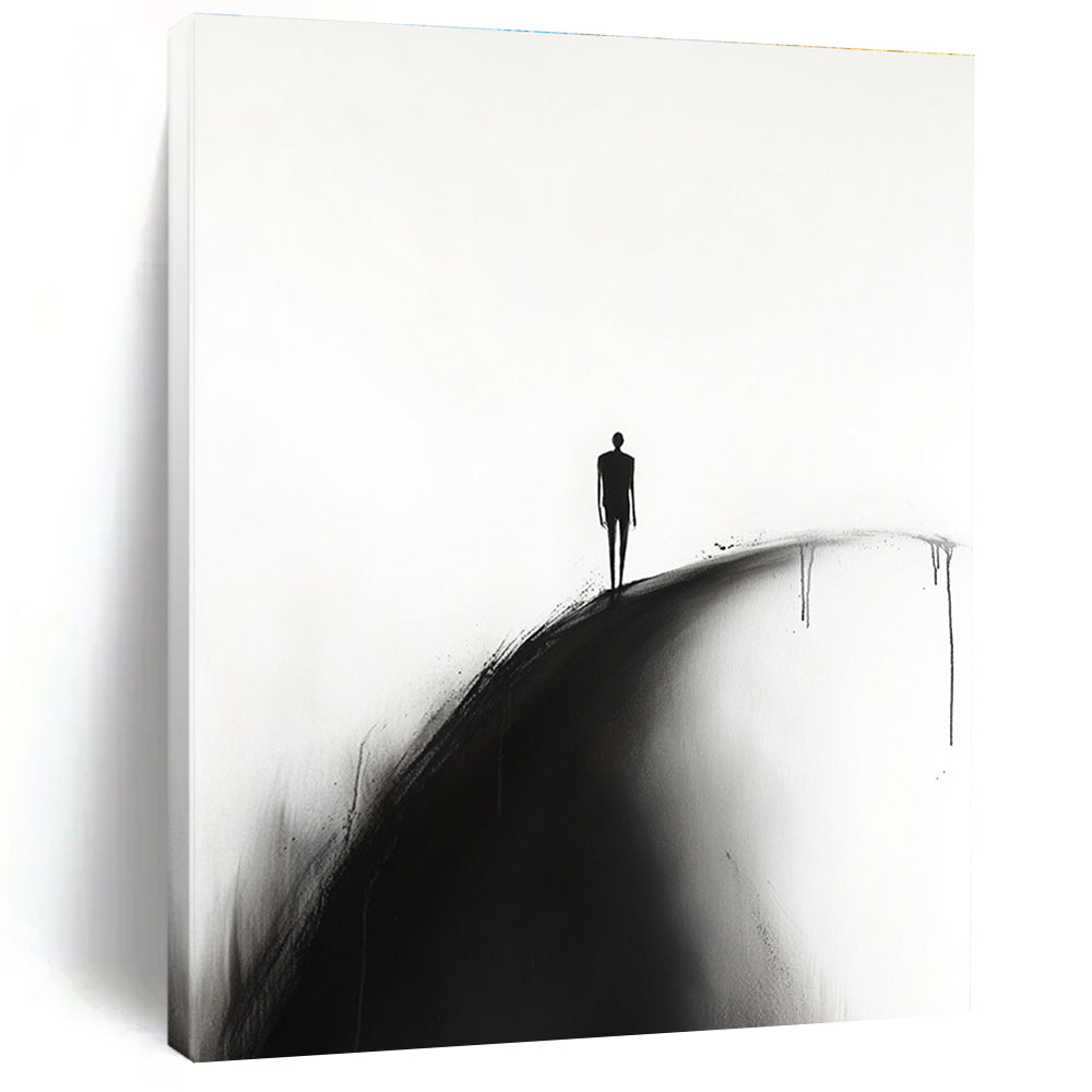 A large abstract painting featuring a silhouette of a man walking along a curved road on a white background in a minimalist style.STSC1331