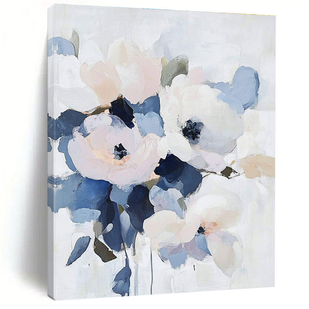 Large abstract floral painting featuring pale pastel flowers with navy and gray accents on a soft white background.STSC053