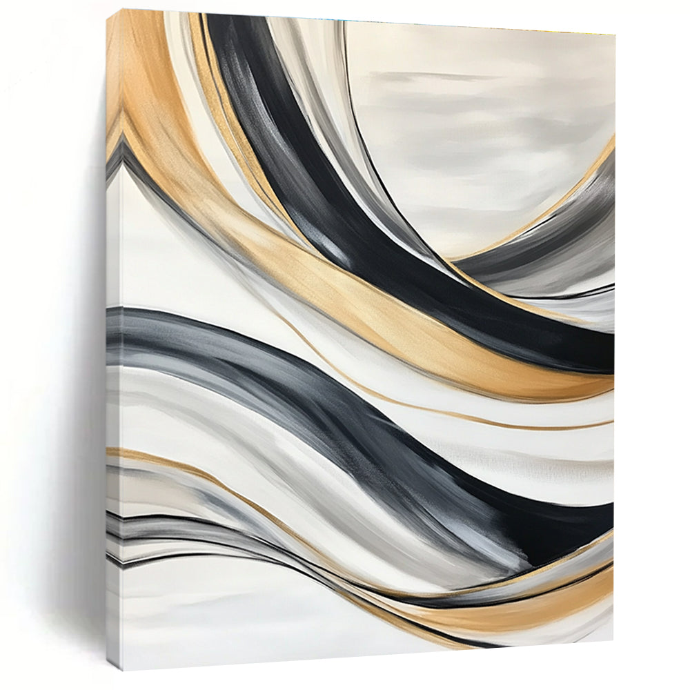 Large abstract painting with black gray and white lines featuring flowing forms swirling vortices soft edges blurred details and a gold accent.STSC739