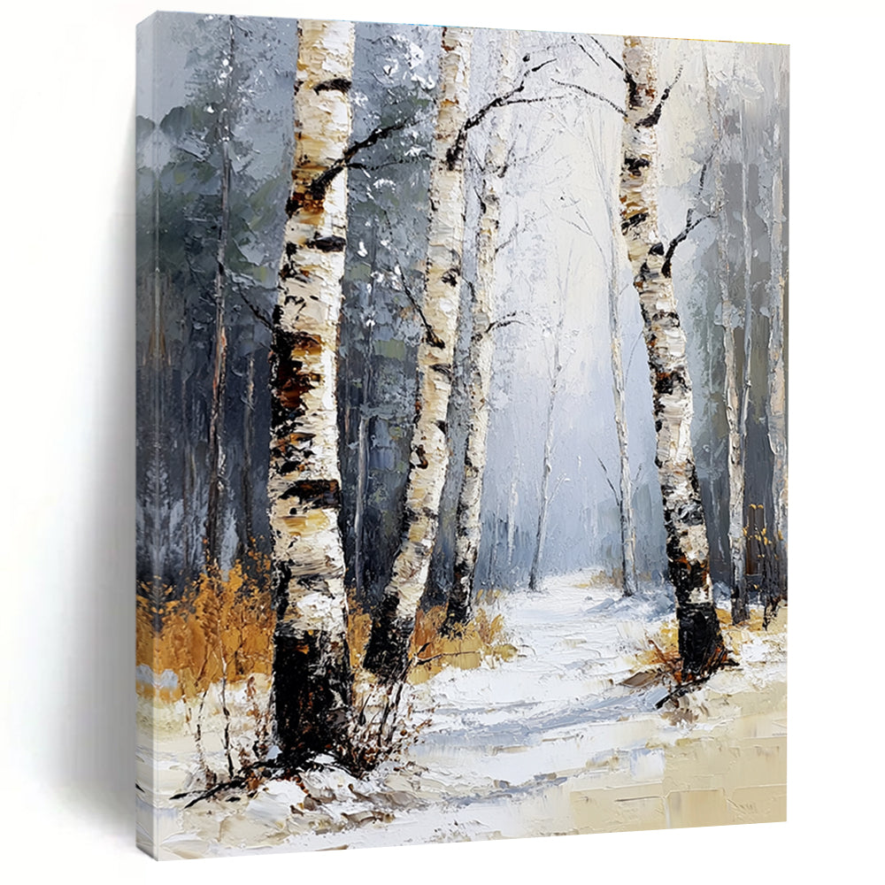 Abstract painting featuring a winter birch forest with soft tones light colors and warm sunshine illuminating the scene among the snowflakes and distant pines.STSC1271