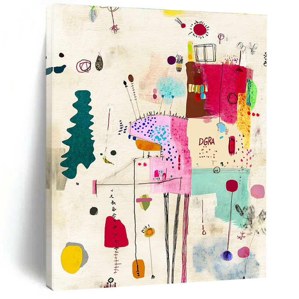 A Large Abstract Art Piece Featuring Sewing Elements Textured Paper Soft Colors Scribbled Lines and the Text DGRA.STSC934