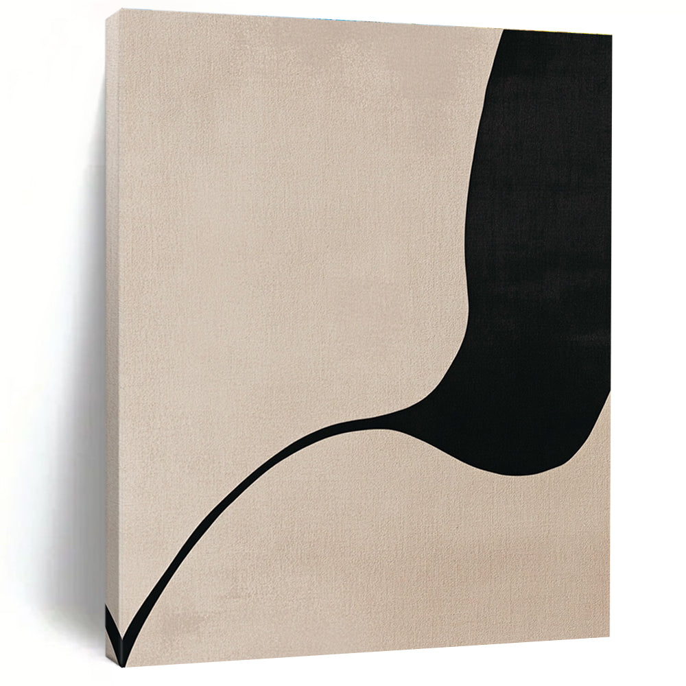 A large abstract painting featuring minimalist Japandi art with body curves in black line drawing on a soothing beige background.STSC1341