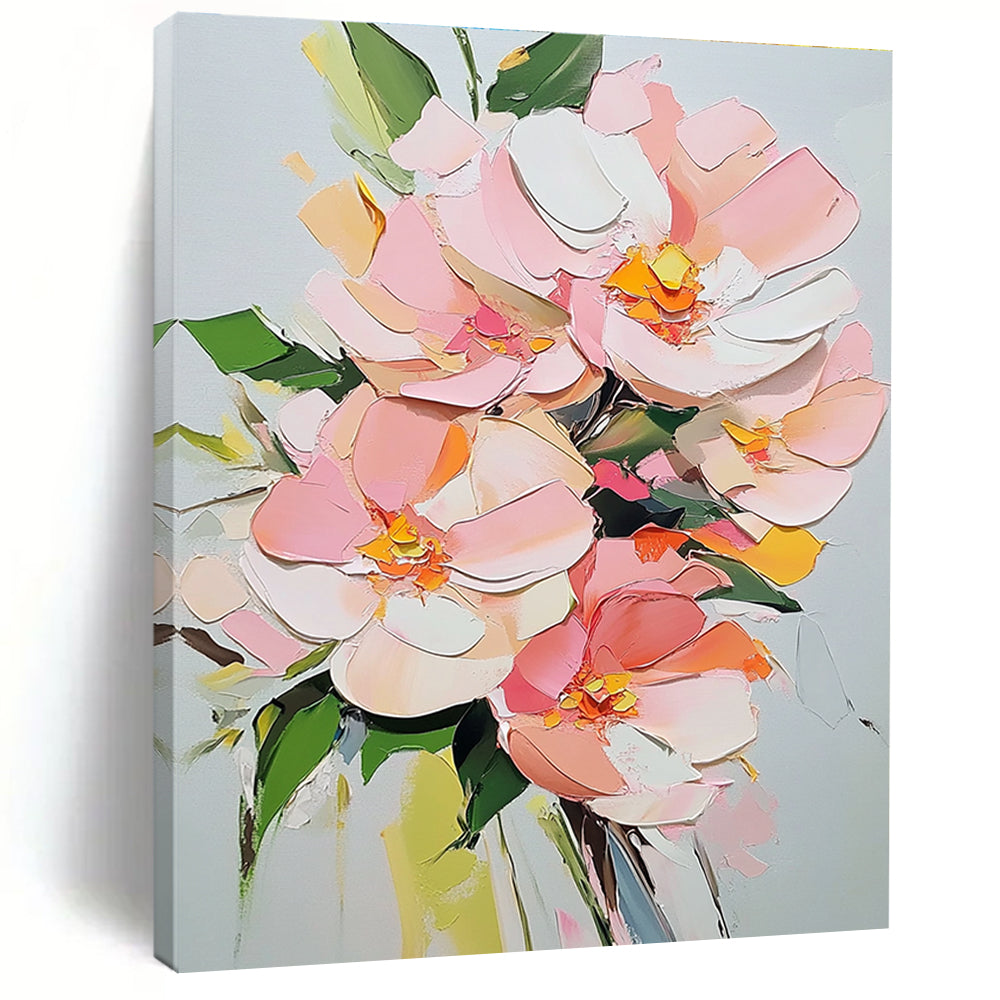 Large abstract painting featuring pink flowers and green leaves on a white background created with acrylic techniques.STSC1412