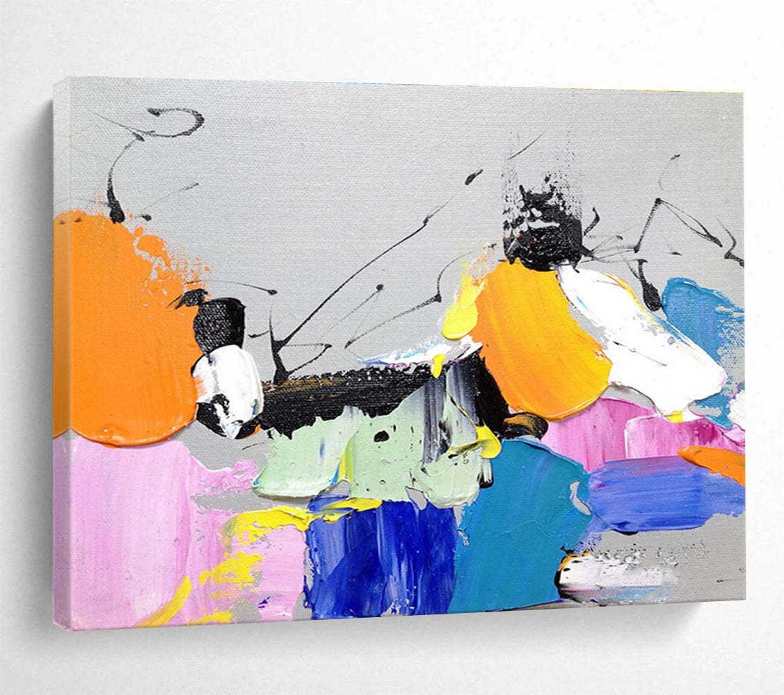Playful Color Block Abstract Painting with Bright Hues and Black Accents THY269