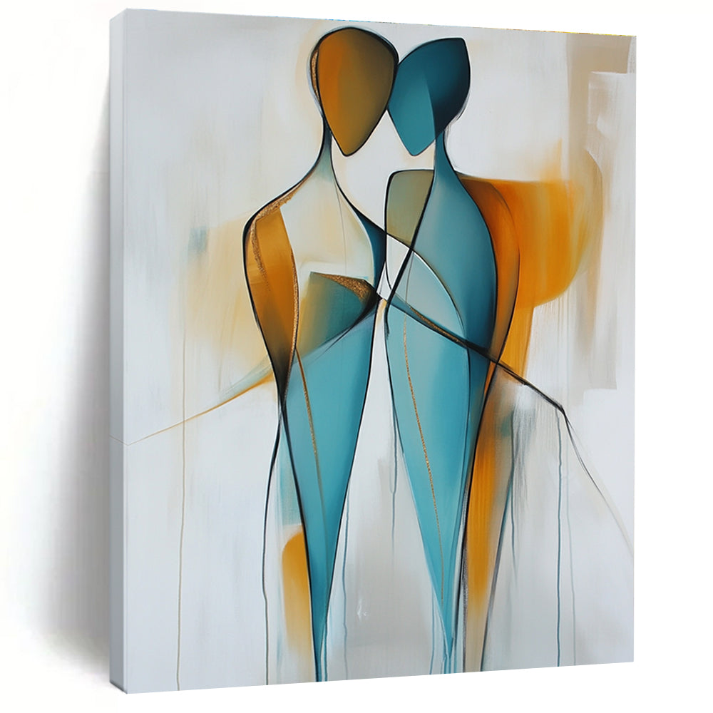 Large abstract painting featuring two figures in light blue and amber hues with smooth lines and golden details on a light gray background.STSC714