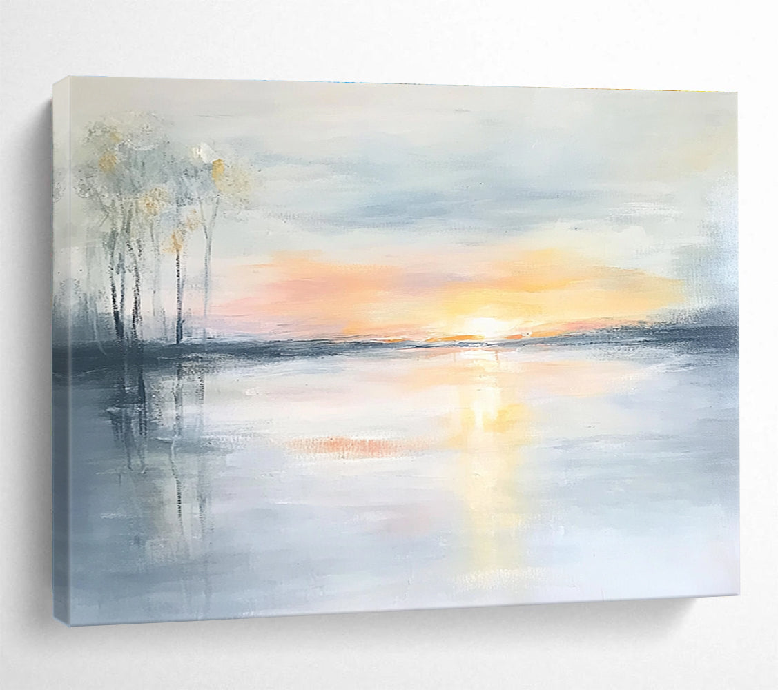 Soft Sunset Lake Abstract Painting with Pastel Hues and Reflections DYP242