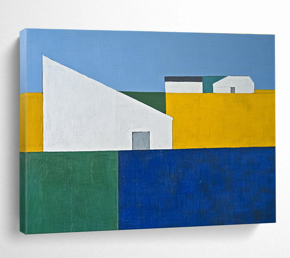 An abstract painting featuring a blue sky yellow grass green trees and a white house amidst geometric forms in minimalist style.SC511