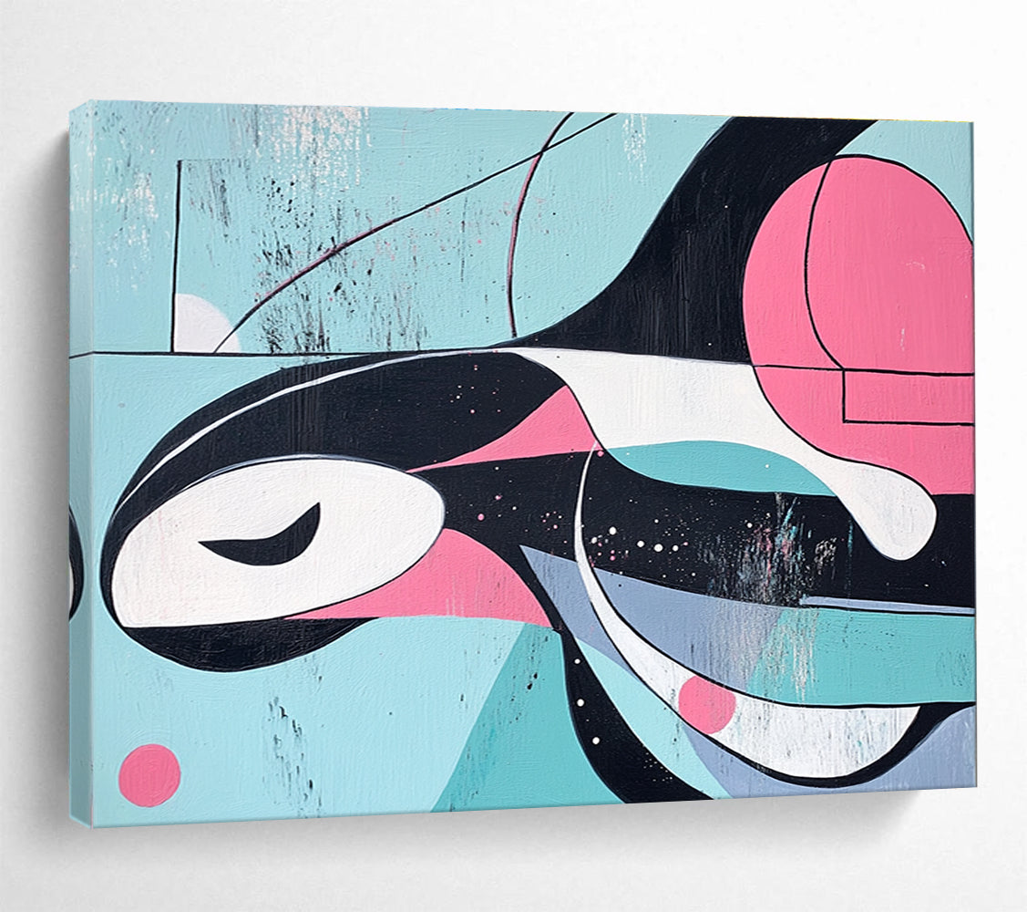 Large abstract painting of an orca featuring lines and shapes inspired by Kandinsky in a pink blue and grey color paletteSC167