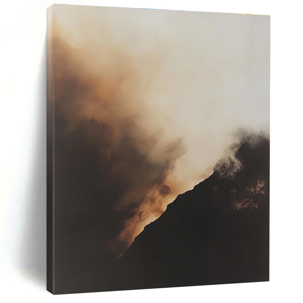 Large abstract painting of smoke rising in a misty atmosphere with a black mountain and golden glow capturing muted tones and hyperrealistic details.STSC698