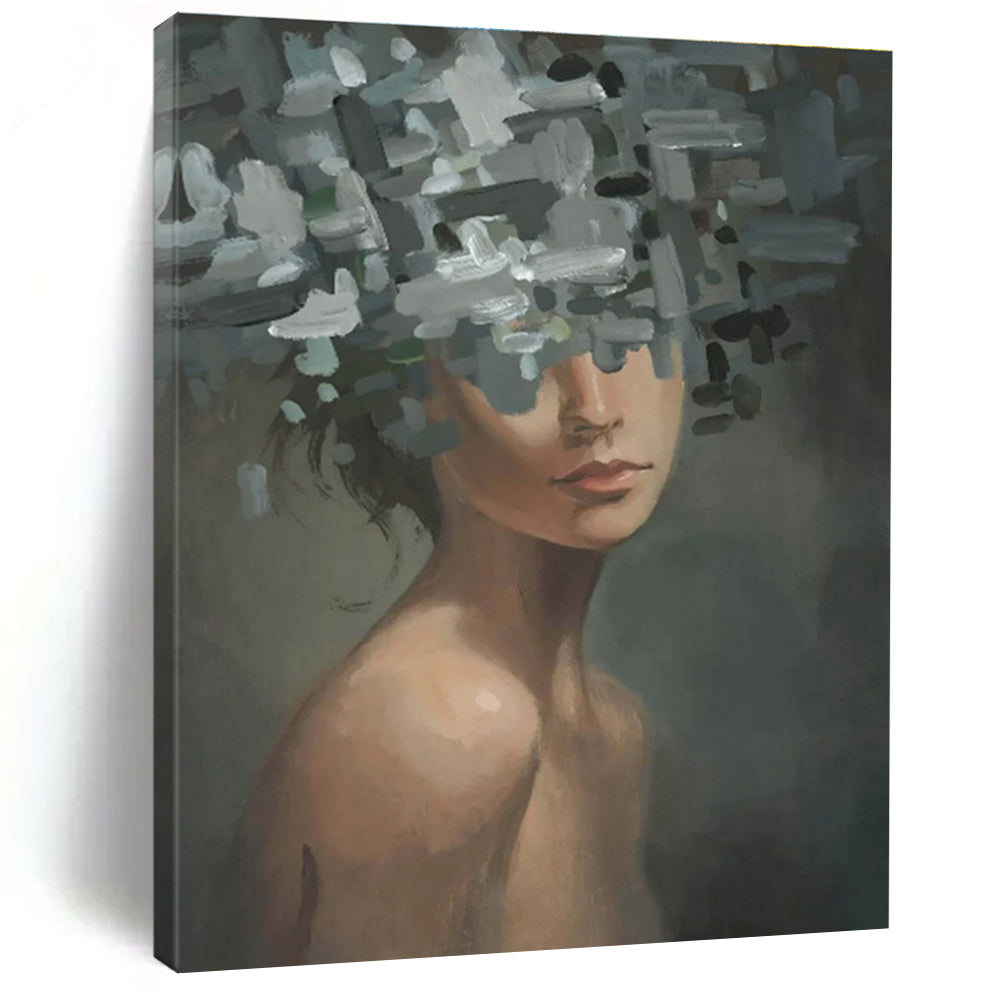 Gray and White Floral Head Woman Abstract Painting ADGE328