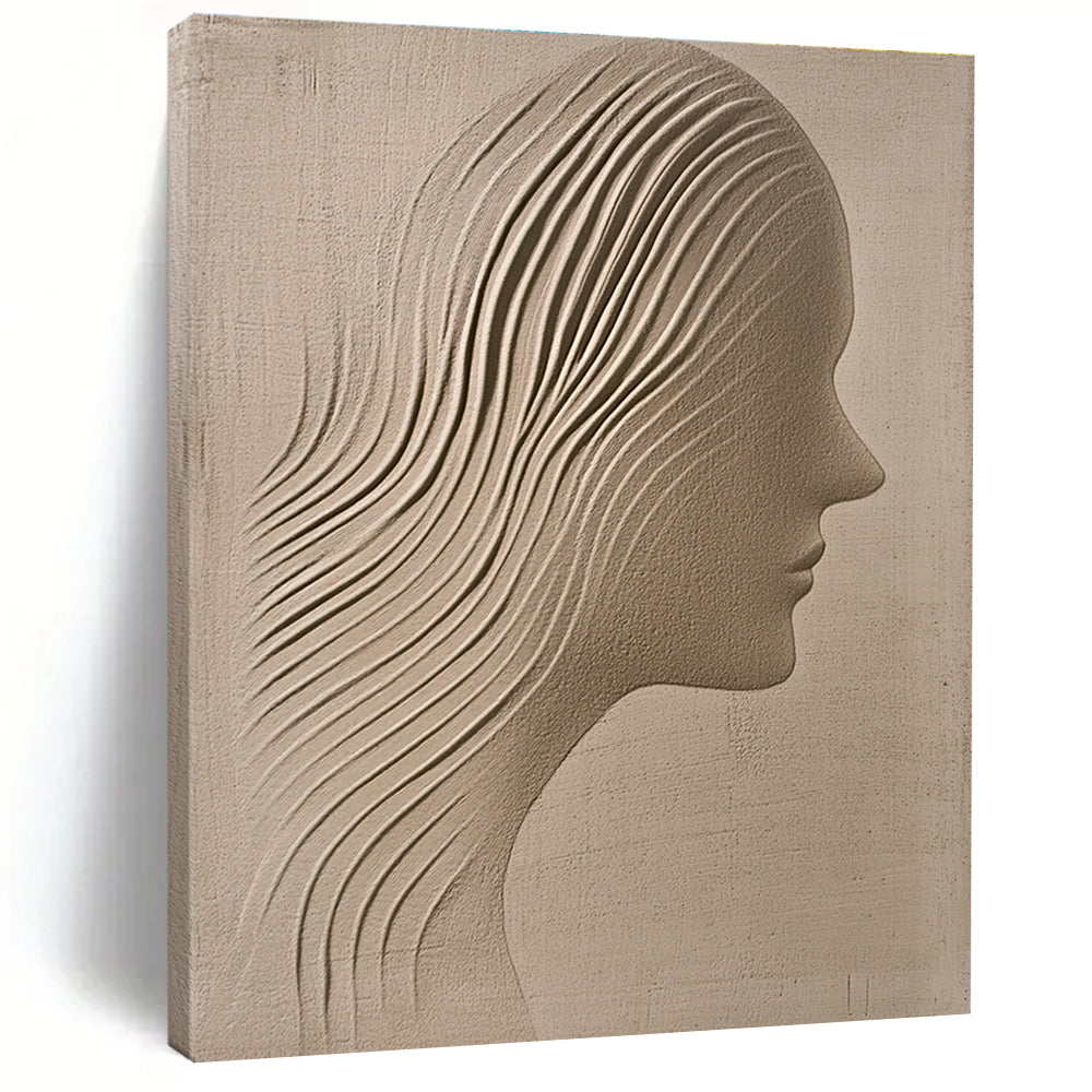 A large abstract painting featuring a sand-colored textured wall with an ethereal woman's silhouette gracefully carved into it.STSC1213