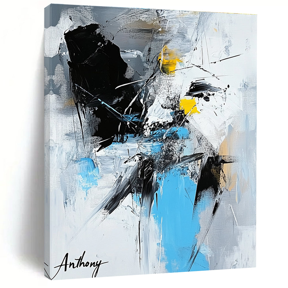 Large abstract painting featuring the name Anthony in vibrant colors with dynamic shapes and bold black brush strokes.STSC1275