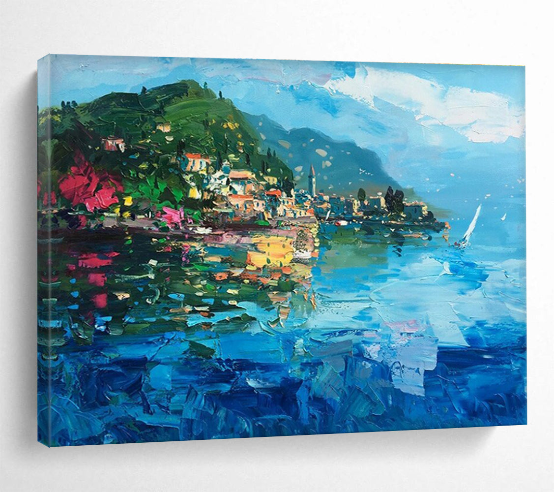 Blue Green Pink Lakefront Village Painting THY487