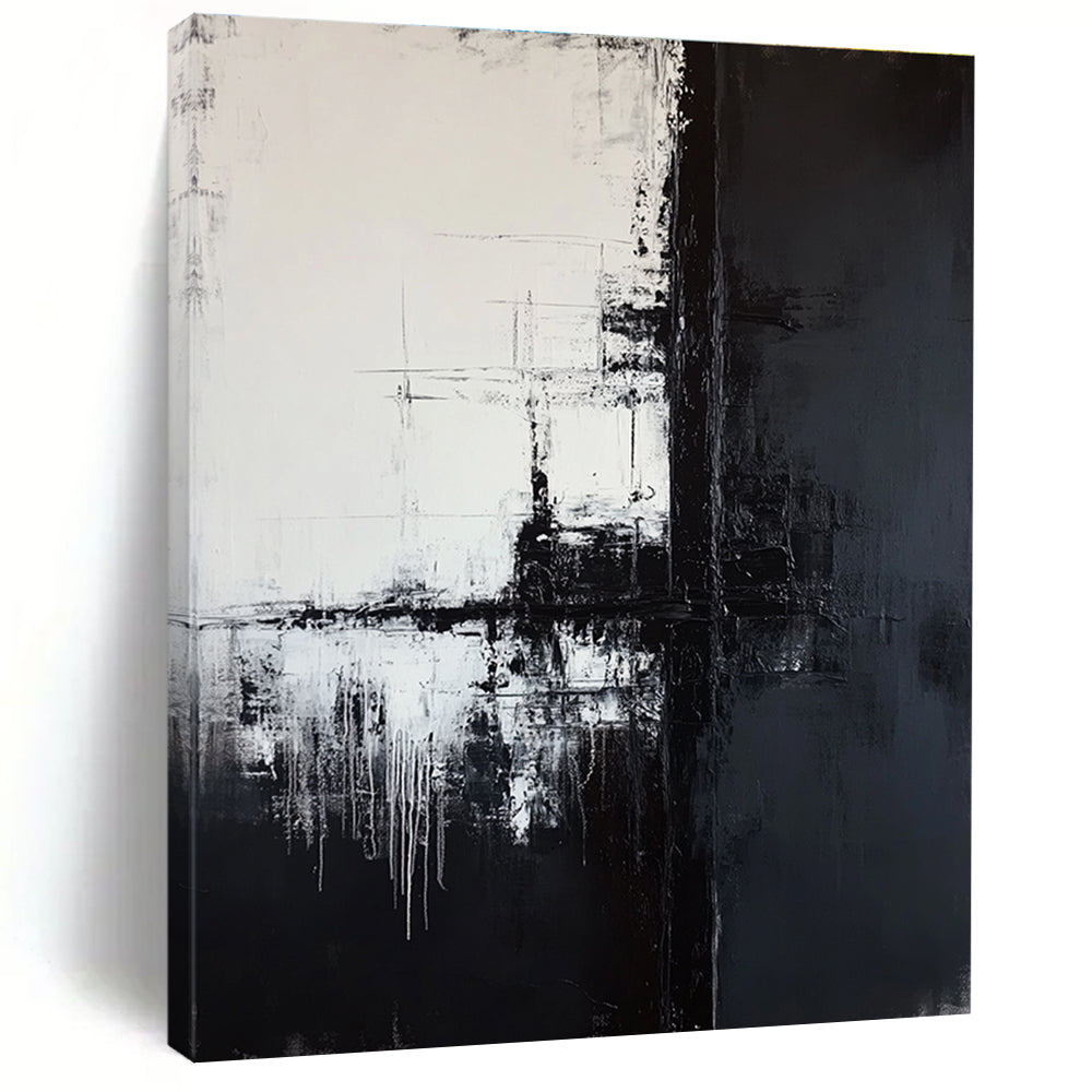 Large abstract painting featuring a tall black telephone pole against a dark gray and white background with textured brushstrokes and a minimalist composition.STSC372