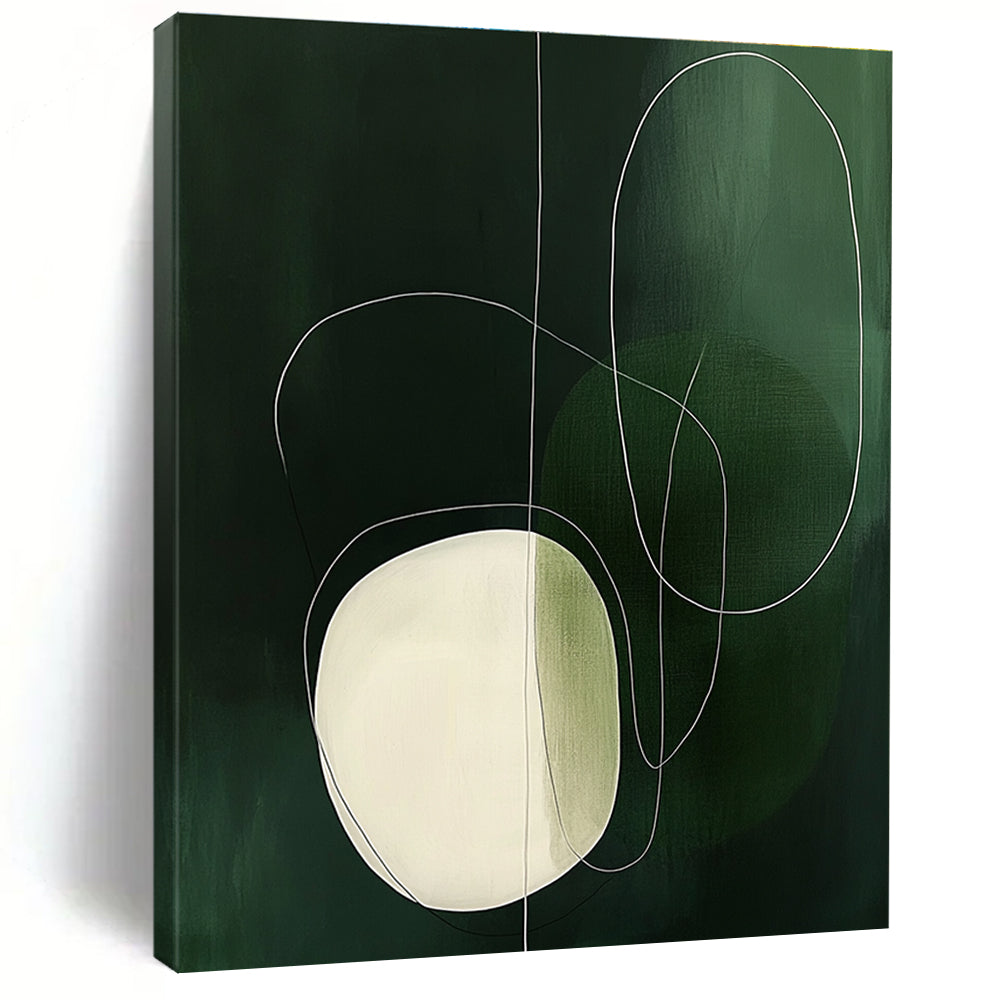 Large abstract painting featuring simple white and green shapes, an oval with delicate outlines, creating a serene and elegant atmosphere.STSC131