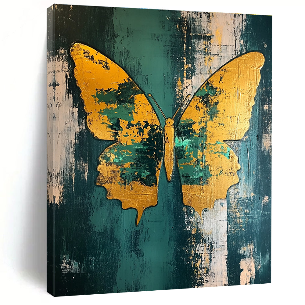 Large abstract painting of a butterfly featuring gold leaf accents in teal and green on a distressed background.STSC280