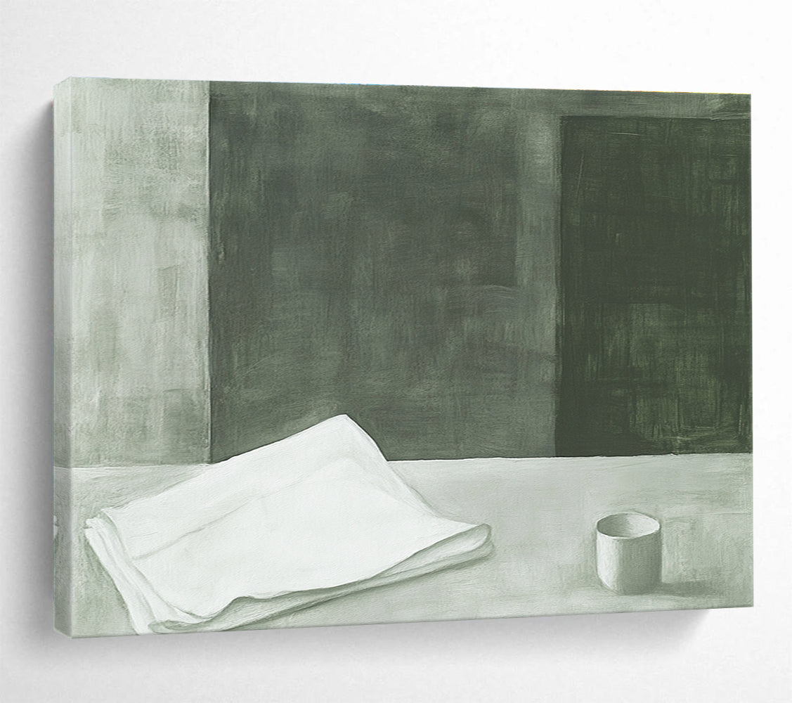A large abstract painting featuring a folded white sheet with soft edges and hazy details in green and gray tones inspired by Peter Doig.SC571