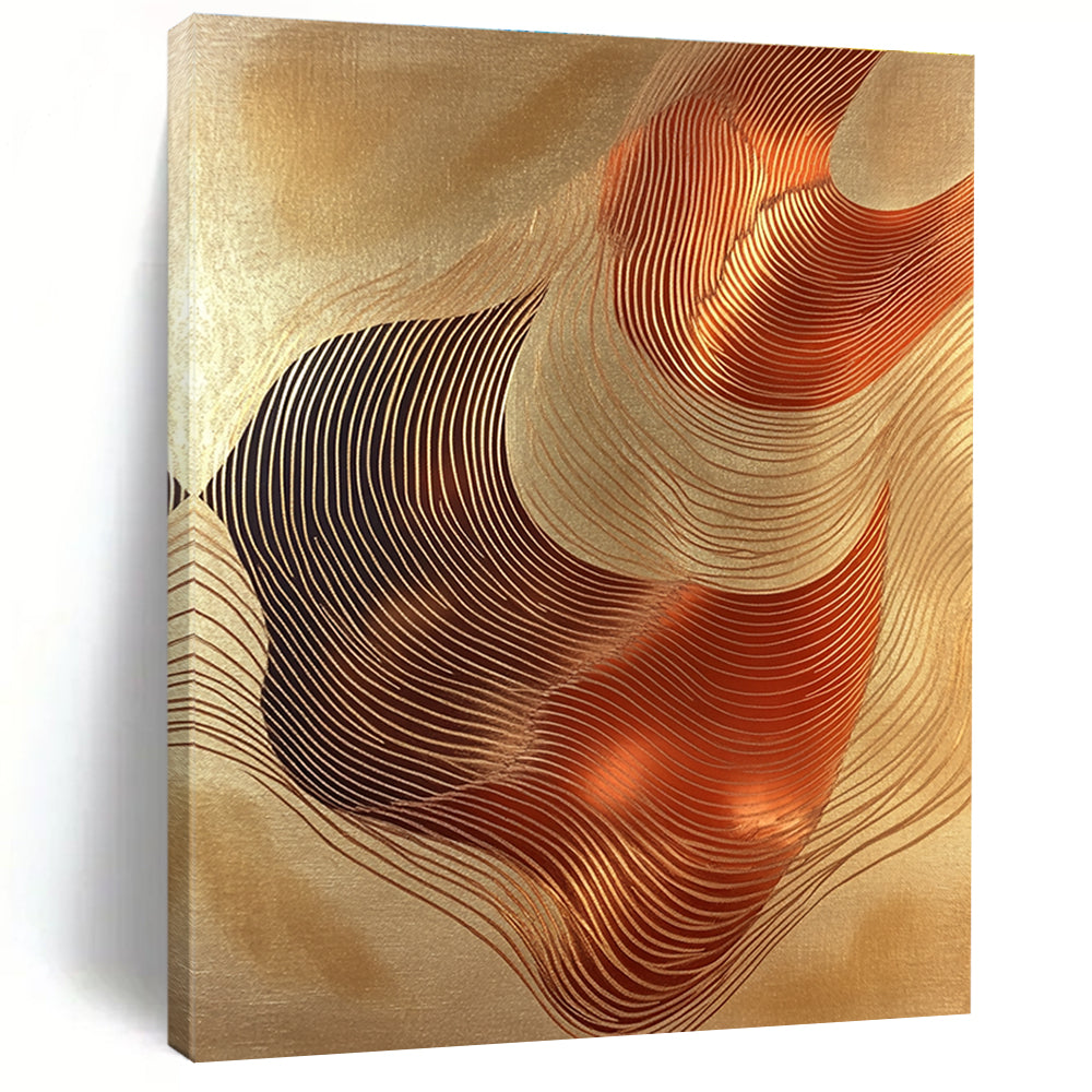 A large abstract artwork featuring elegant copper foil waves on golden paper exuding fluidity and harmony for any design space.STSC1440