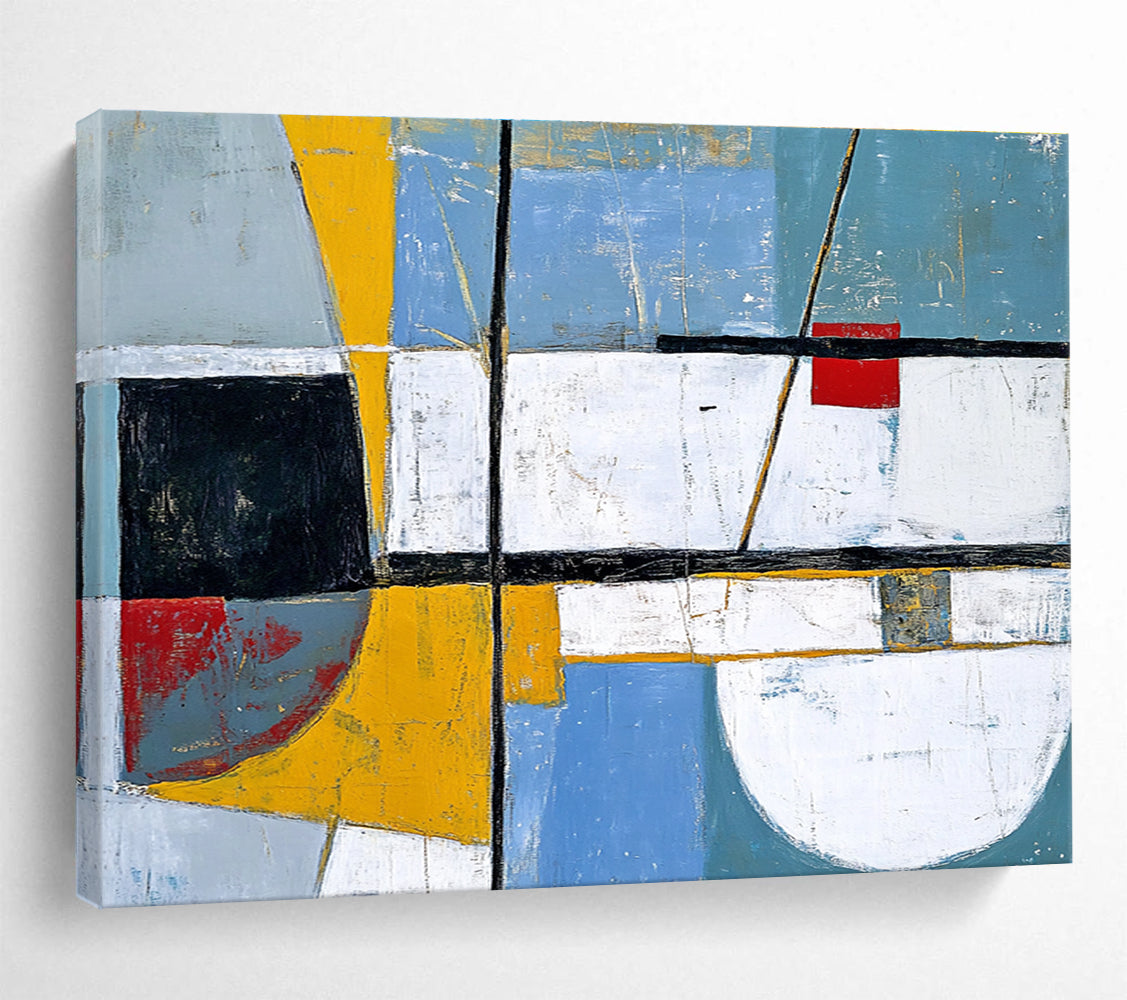 An abstract painting featuring white, blue, and grey shapes enhanced with yellow and red accents in the style of Paul Cézanne.SC391