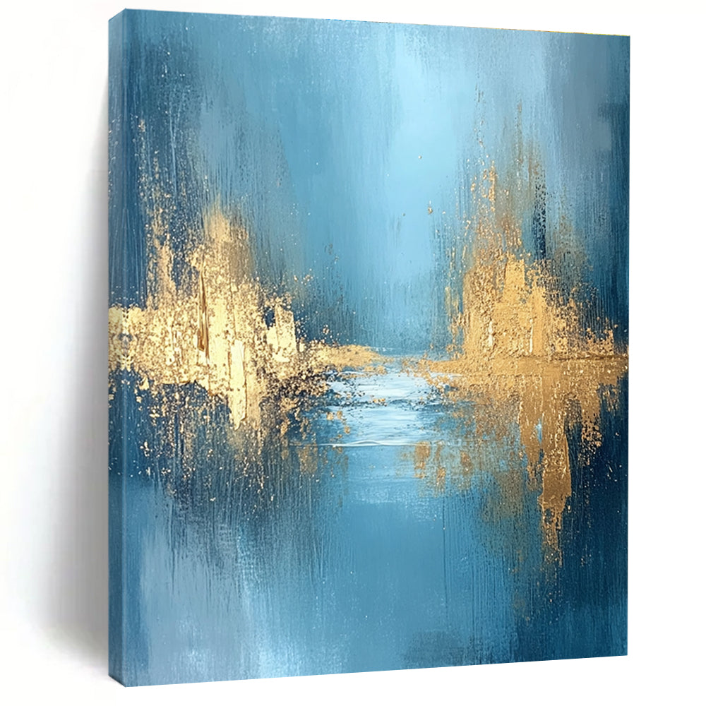 Large abstract painting featuring textured golden water and a misty morning atmosphere with blue grey and white hues for a serene mood.STSC723