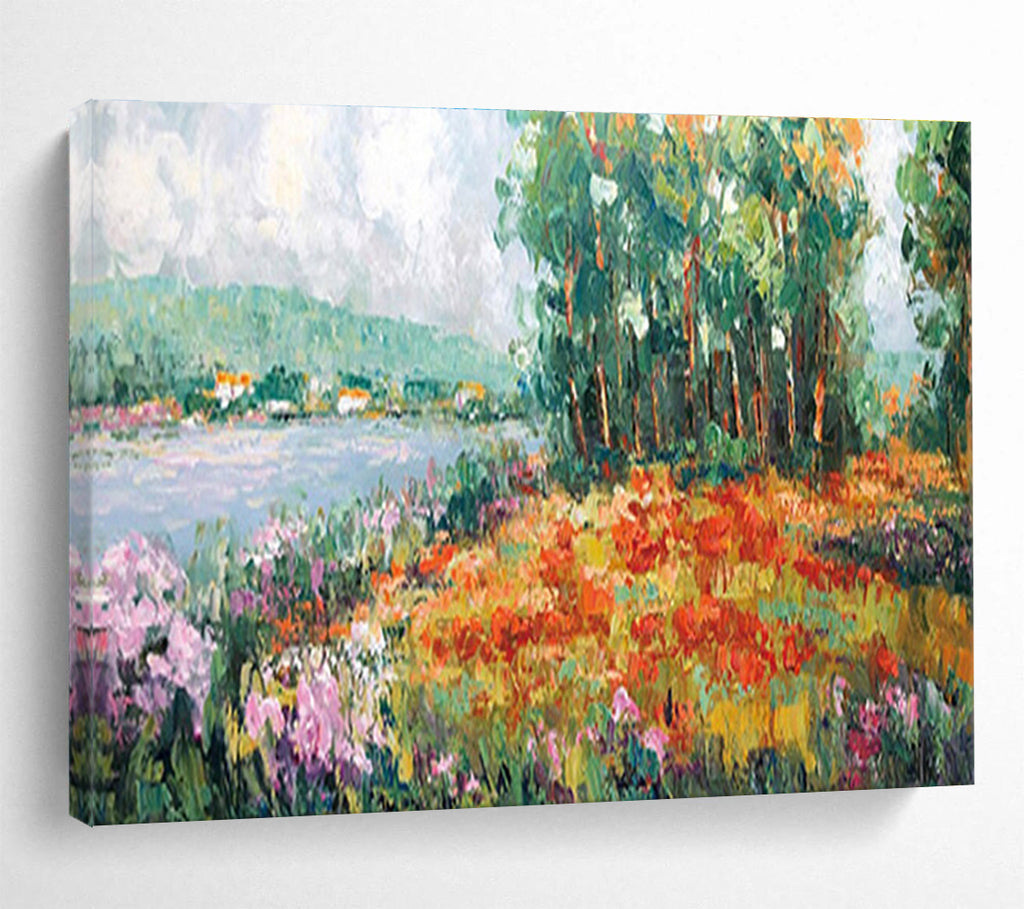 Lakeside Flower Field Abstract Painting with Colorful Floral Tones THY228