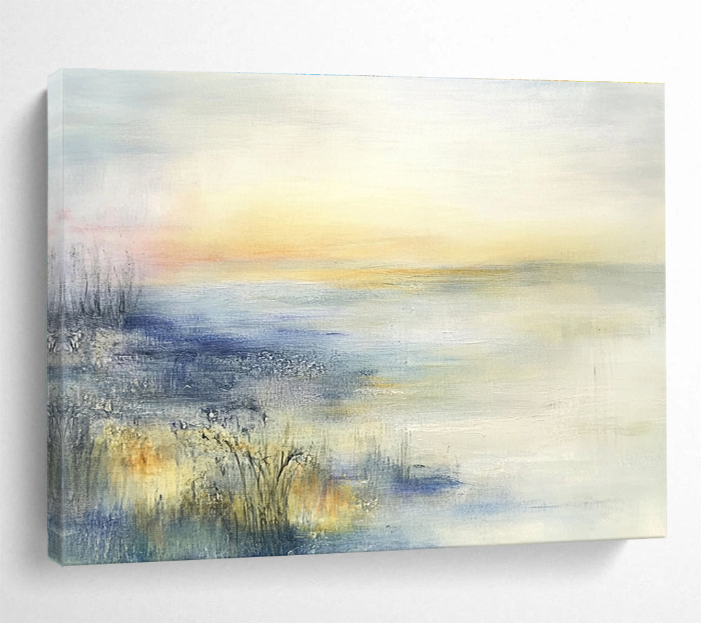 Large abstract oil painting featuring a misty coastal landscape in muted pastel colors inspired by Zao Wou-Ki.SC116