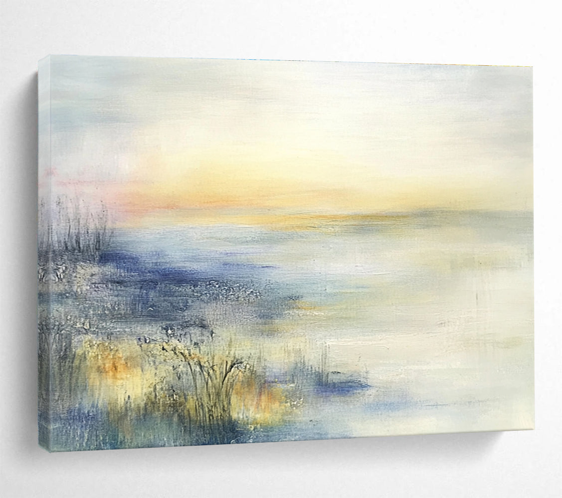 Large abstract oil painting featuring a misty coastal landscape in muted pastel colors inspired by Zao Wou-Ki.SC116