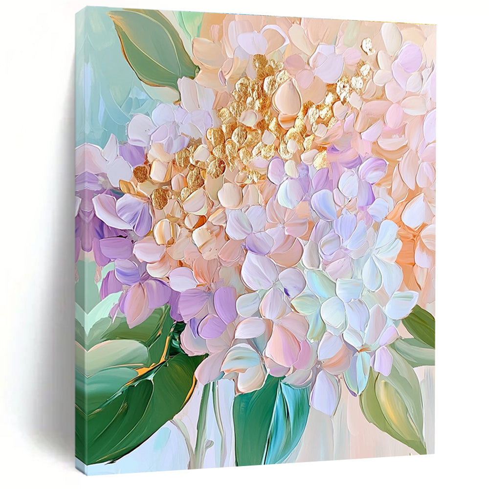 Large abstract painting of pastel hydrangeas featuring golden petals and delicate textures in soft pinks greens and blues.STSC1153