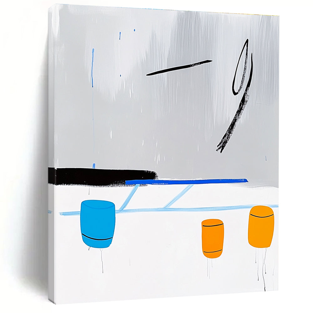 A Large Abstract Artwork Featuring a Minimalist Line Drawing of an Ice Rink with Blue Lines Yellow Barrels and Rainy Grey Sky.STSC1347