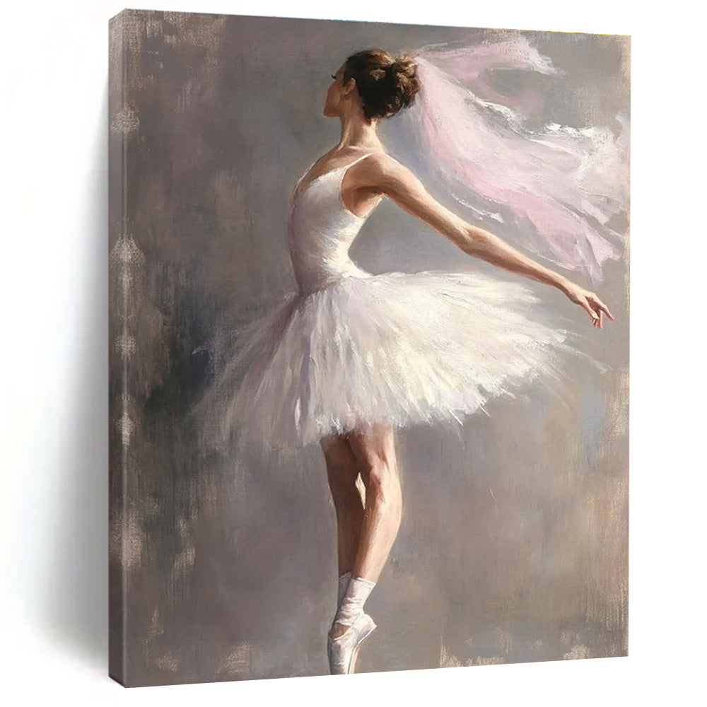 A large abstract painting of a graceful ballerina in a white tutu against a muted gray background capturing elegance and beauty in motion.STSC1004