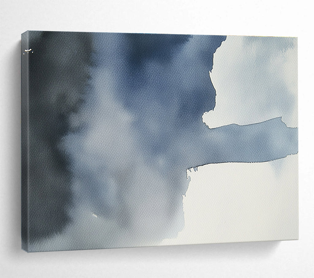 Large abstract painting featuring a gray sky over an ocean in dark blue and light gray tones, evoking serene and calm emotions.SC618