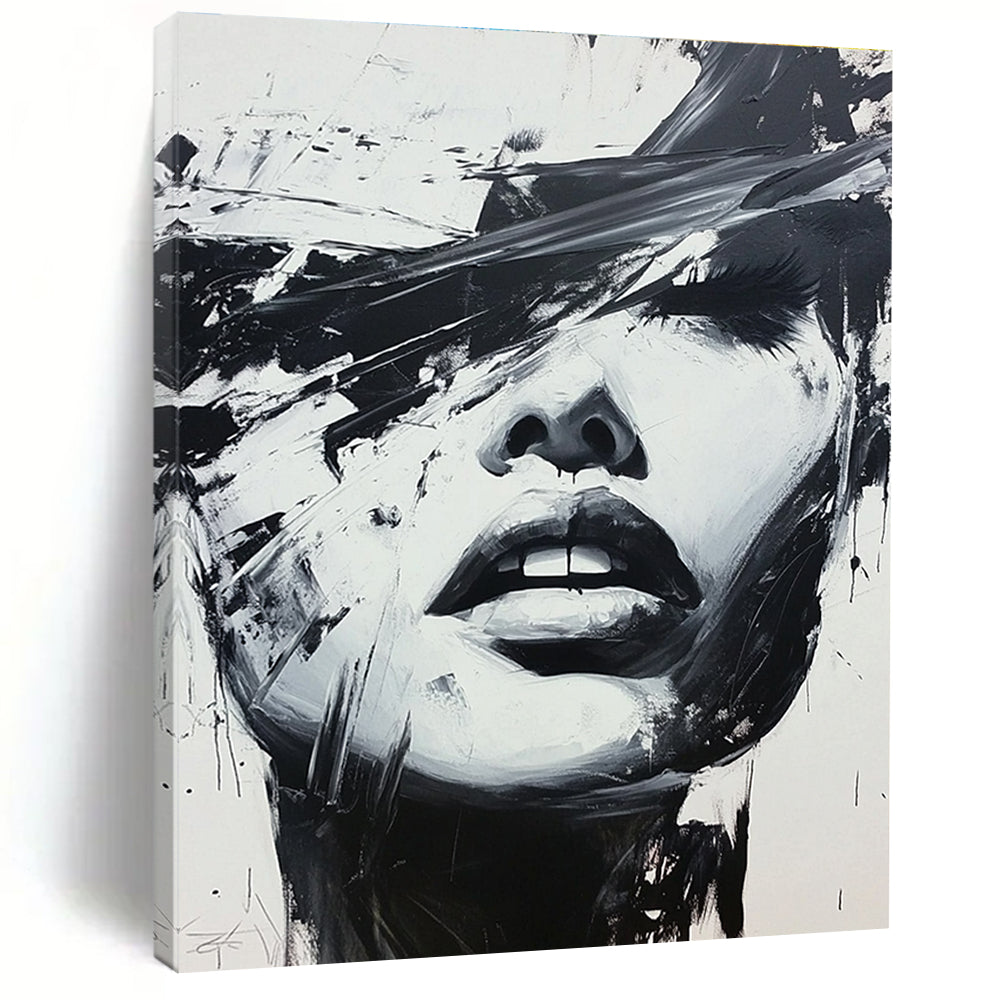 Large abstract black and white painting of a woman's face featuring expressive oil paint splatters in a dynamic graffiti style.STSC023