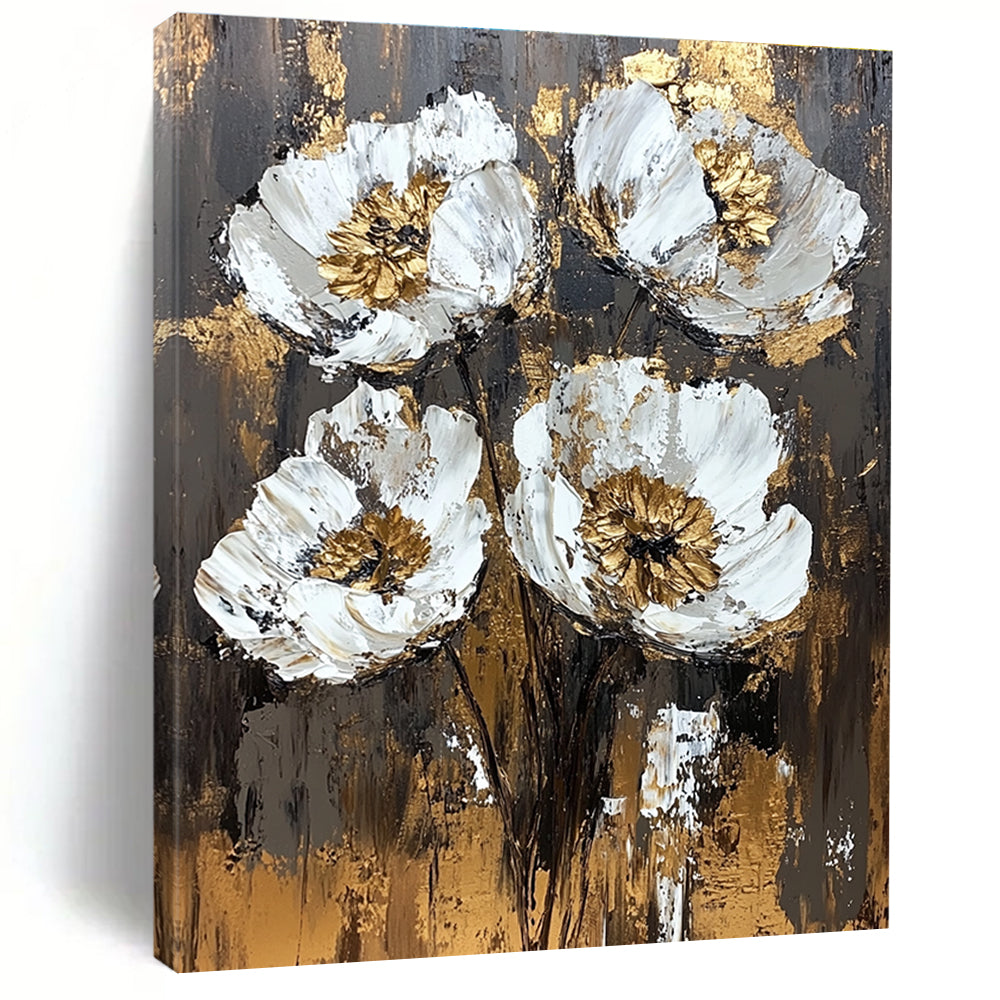 Large abstract painting featuring textured white and gold flowers on a dark brown background with vintage-style brush strokes and rich emotional depth.STSC834