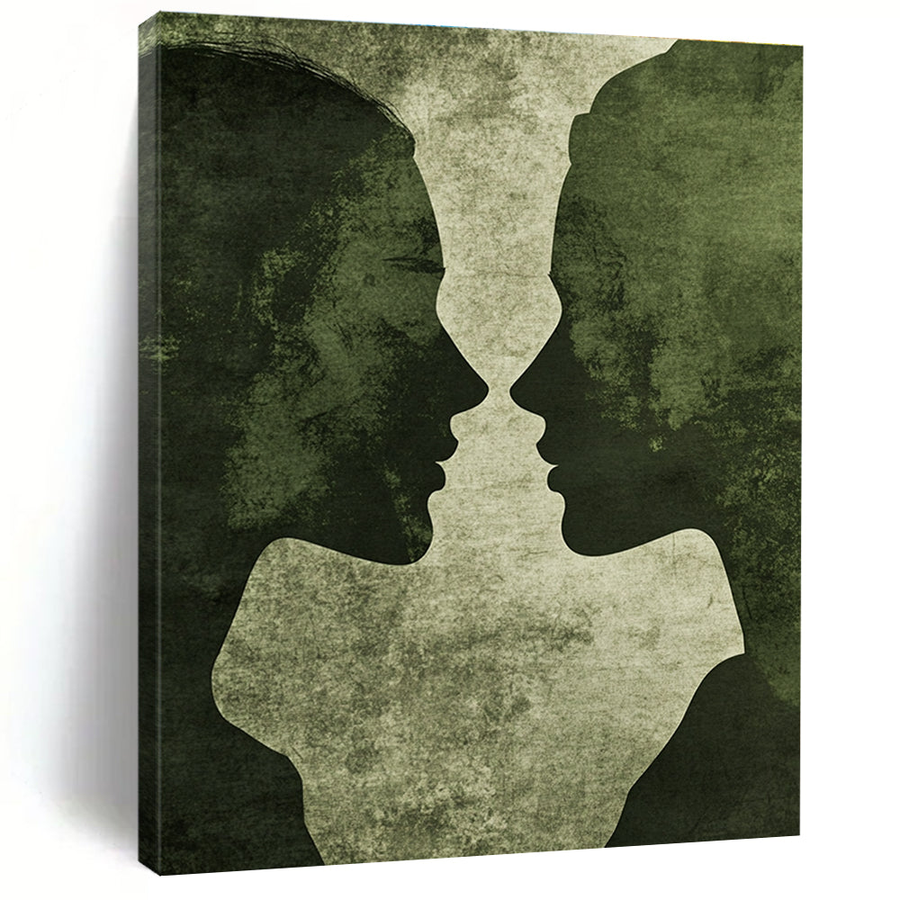 Abstract artwork featuring minimalistic male and female silhouettes in vintage green tones with grunge texture and deep shadows on a dark grey background.STSC1446