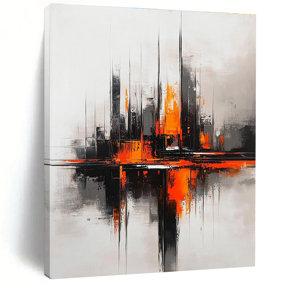Abstract painting of a futuristic cityscape in grey and orange tones inspired by Richard Anderson's style.STSC285