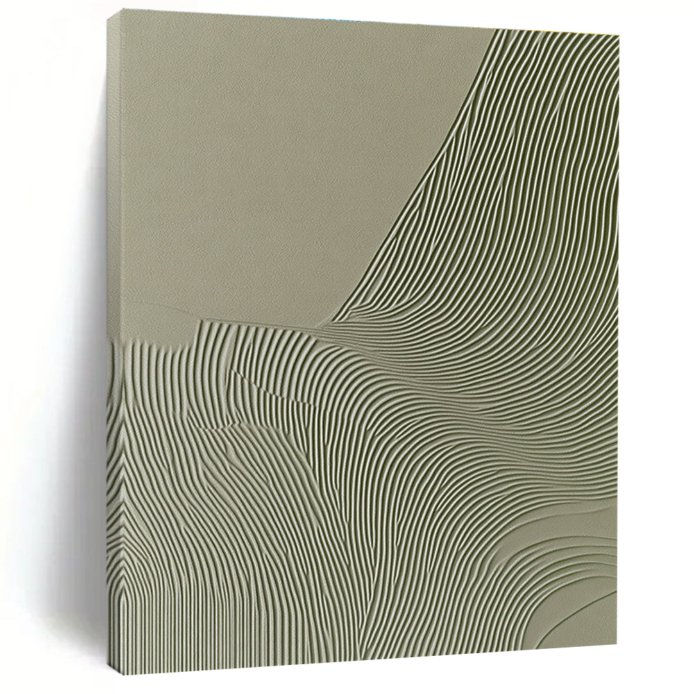 Abstract artwork featuring wavy lines on a gray background with organic shapes in beige and green evokes an elegant natural aesthetic for interior design.STSC998