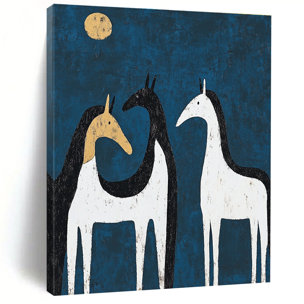 Abstract painting of three black and white horses in moonlight with a hint of yellow on one back, featuring minimalist shapes and textures.STSC072